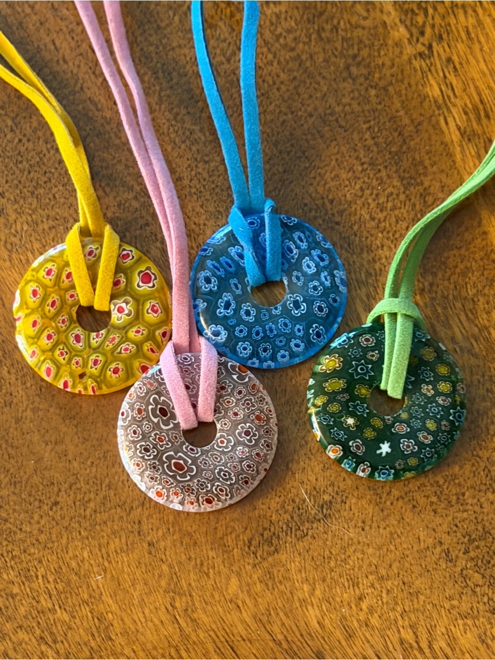 Set of 4 Millefiori Glass Pendants Yellow, Blue, Pink and Green Brand New